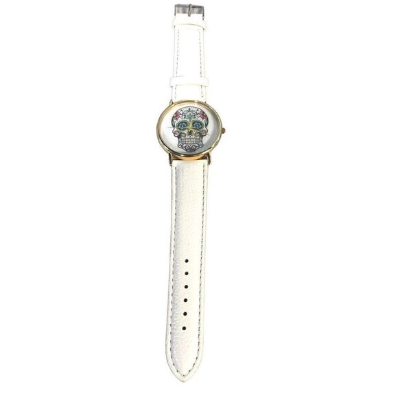 White and Gold Tone Women's Sugar Skull Wristwatch - Picture 1 of 6